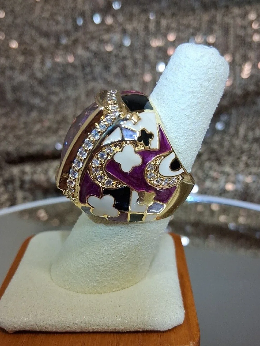 Gold-Tone Enamel Ring with Faceted Lilac Purple Crystal